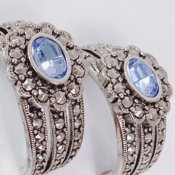 Signed Avon Art Deco Revival Marcasite Silver Tone Blue Earrings - Picture 5 of 9